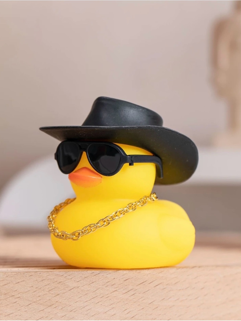 Yellow Mini Duck Figurine Plastic w/ Cowboy Hat, Sunglasses & Gold Necklace